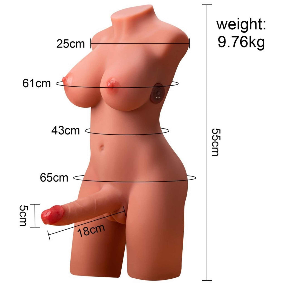 Torso Miah GoReal con pene pneumatico rosso, vista laterale e misure dettagliate