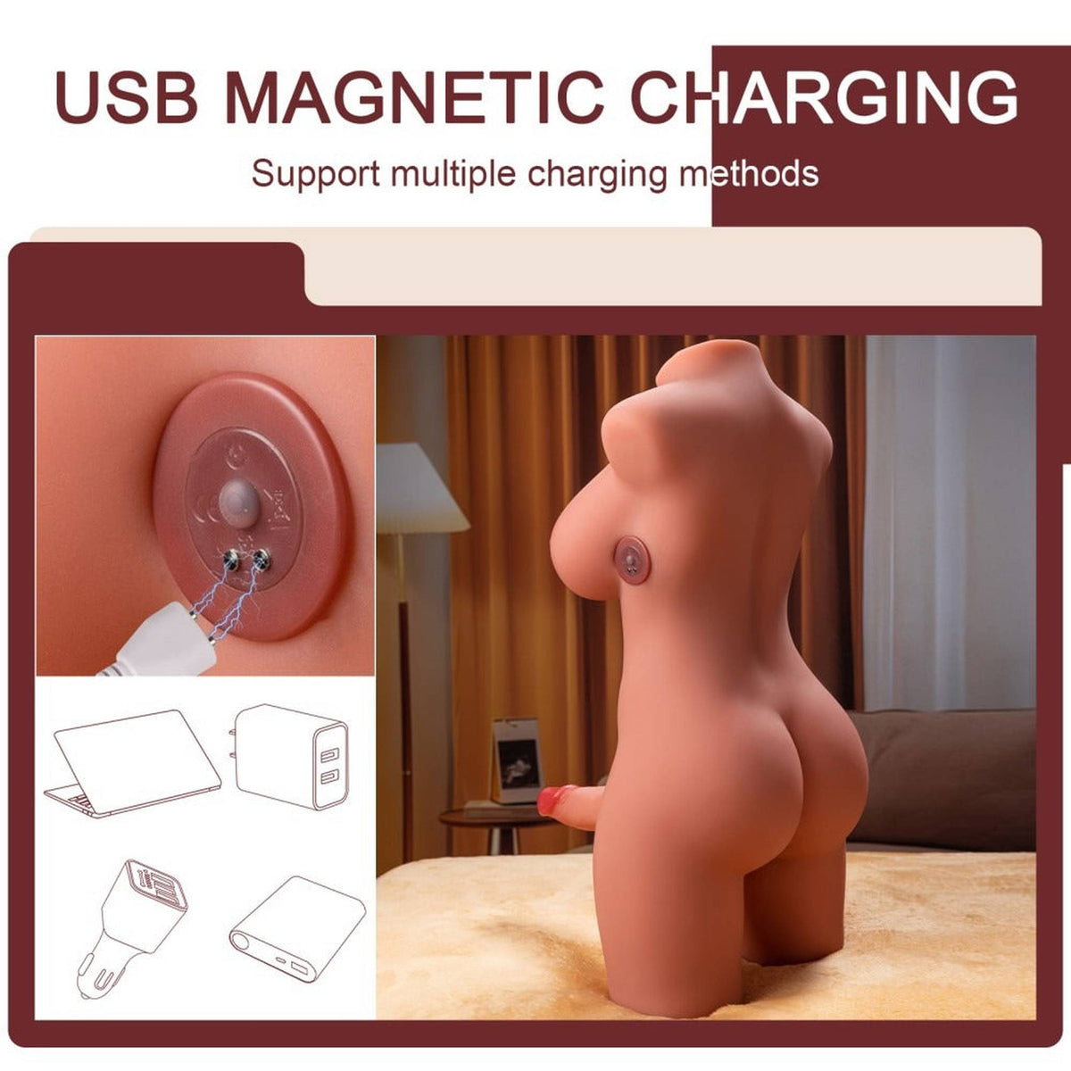 Torso Miah ricarica USB magnetica, connettore posteriore e icone compatibilità