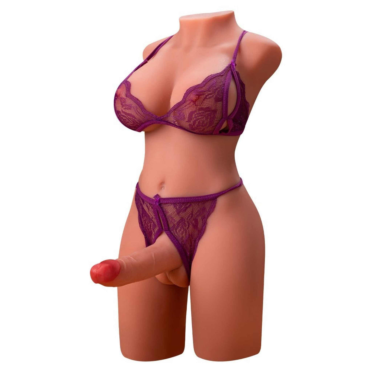 Torso Miah profilo laterale lingerie pizzo viola pene pneumatico avanti