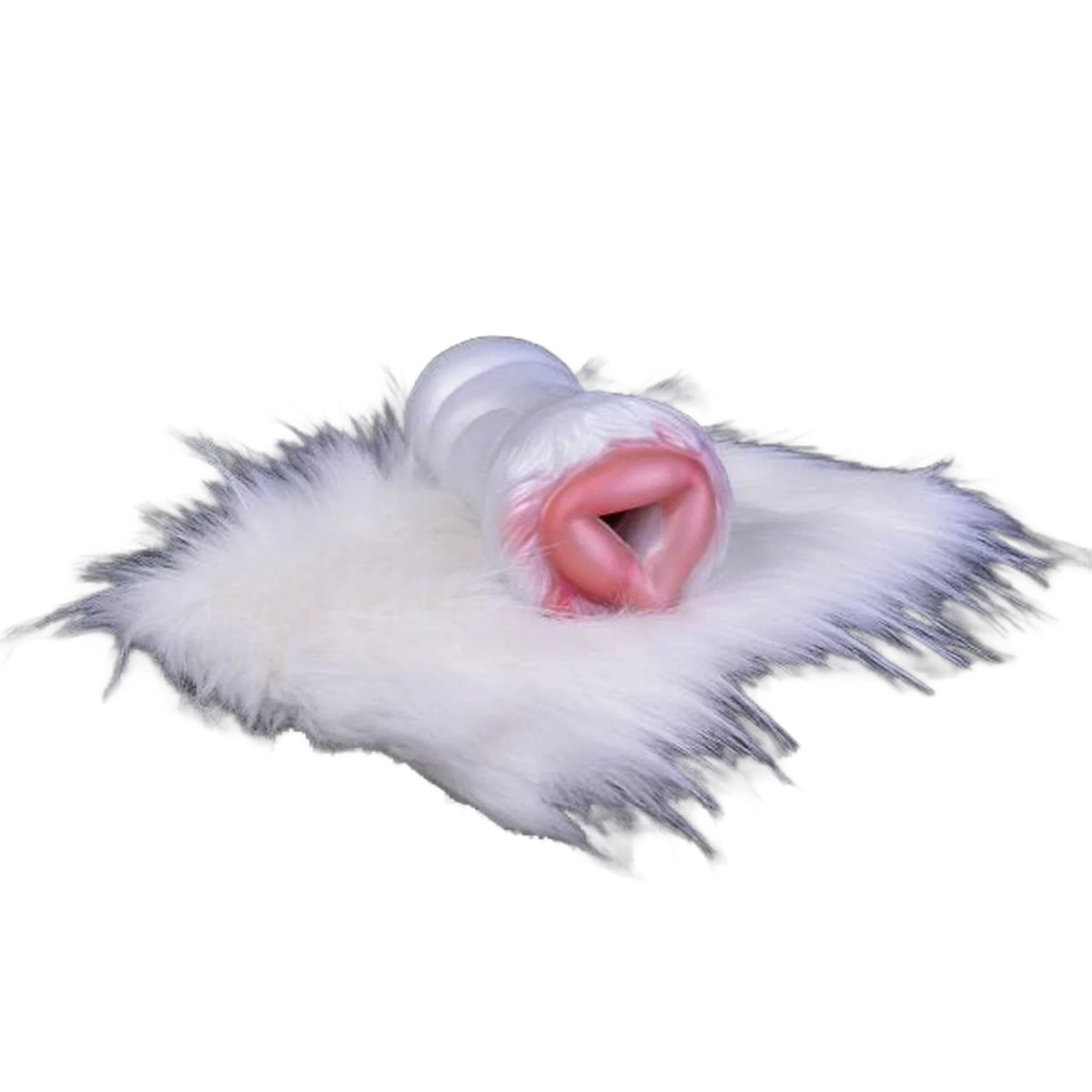 Giocattolo sessuale cilindrico in silicone liquido su base pelosa bianca e grigia
