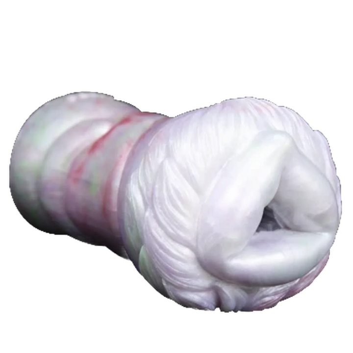 Masturbatore rosa e bianco con texture muscolare e base ampia aperta