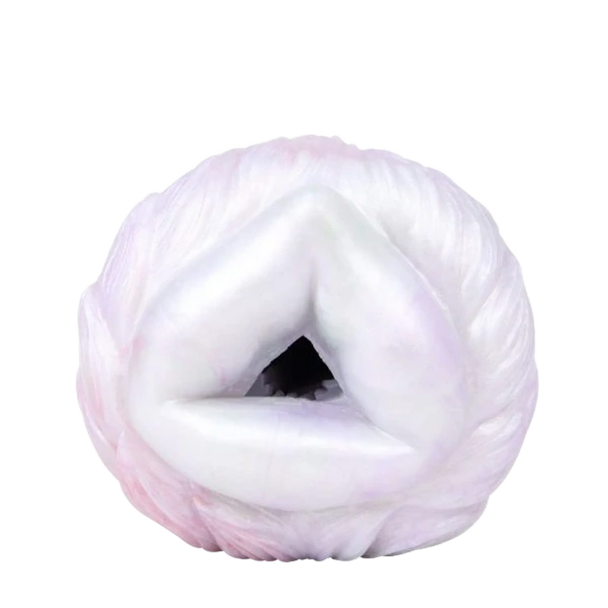 Dettaglio apertura triangolare morbida masturbatore in silicone rosa e bianco