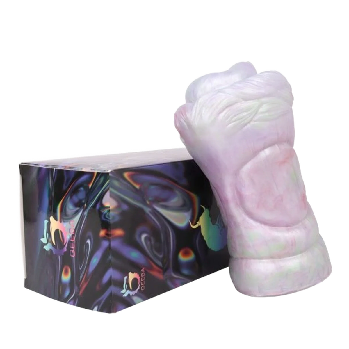 Vista laterale masturbatore rosa iridescente ergonomico su sfondo nero GEEBA