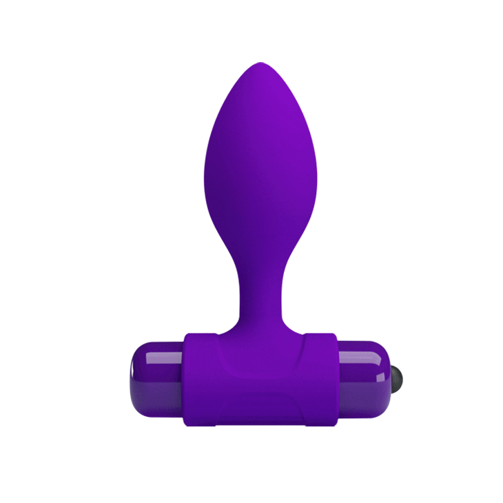 Vista frontale plug anale viola a forma di goccia con pulsante laterale