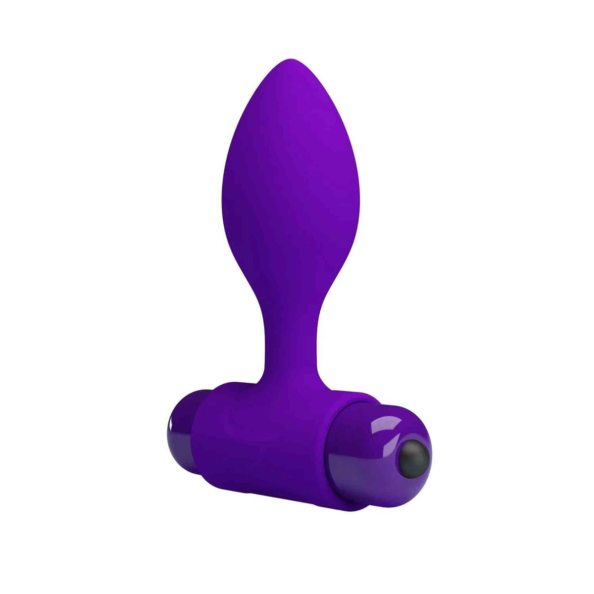 Vista frontale plug anale vibrante viola in silicone con base lucida