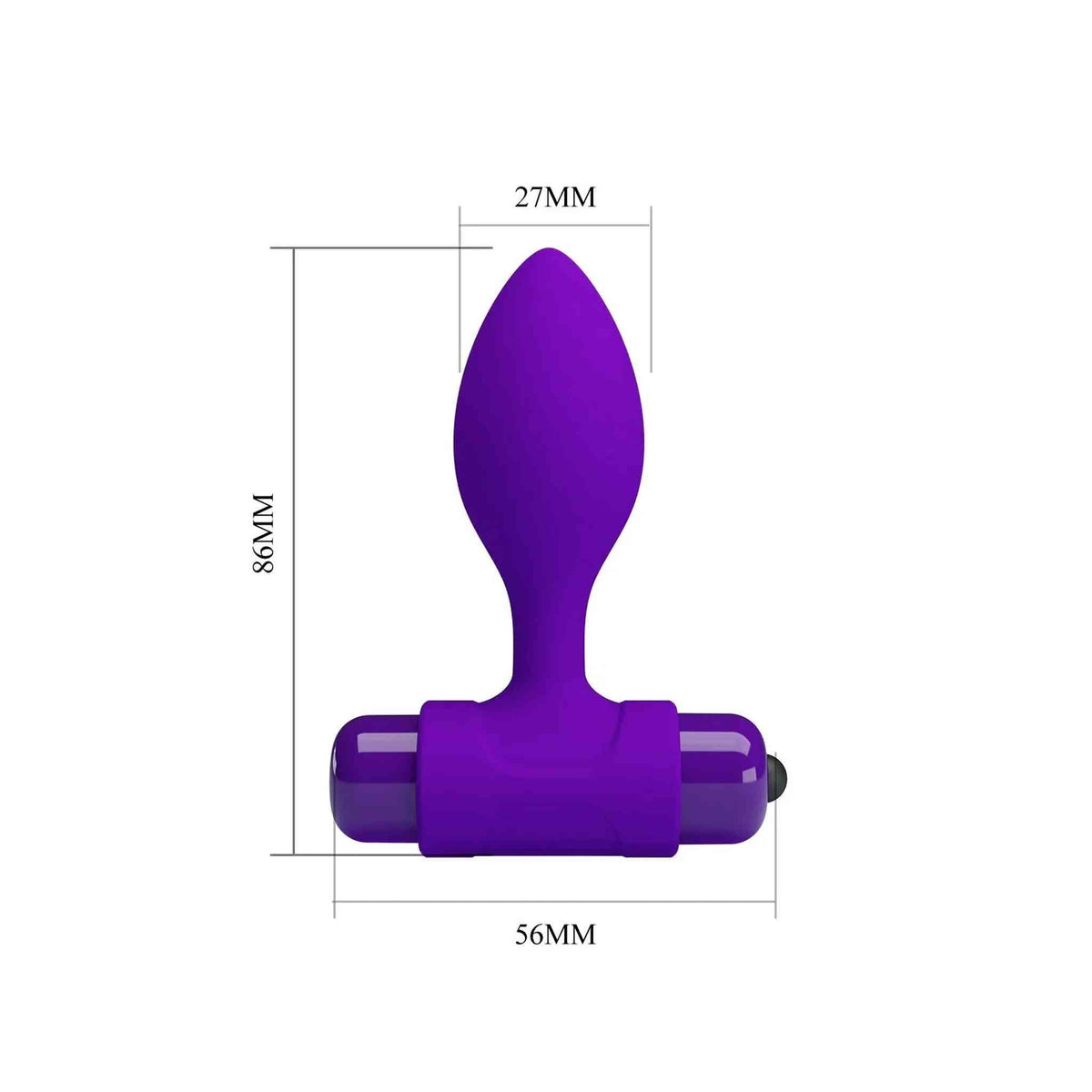 Schema tecnico plug anale viola con misure millimetriche e design goccia