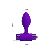 Schema tecnico plug anale viola con misure millimetriche e design goccia