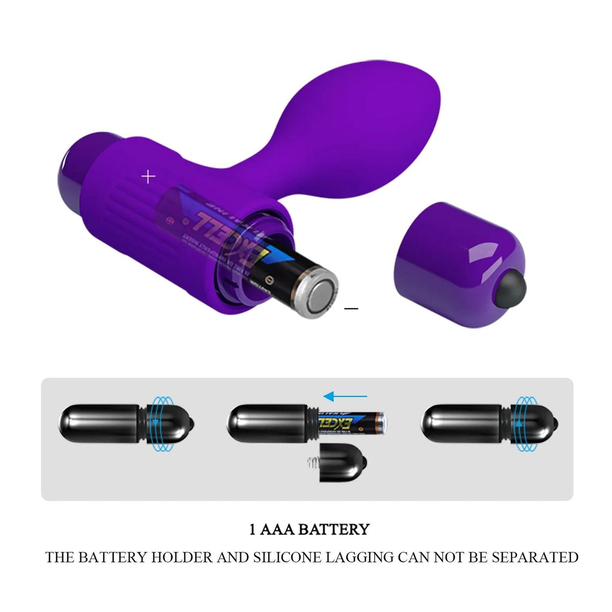 Plug anale viola smontato con batteria AAA inserita nel vano interno
