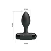 Plug anale nero in silicone con misure dimensionali indicate in mm