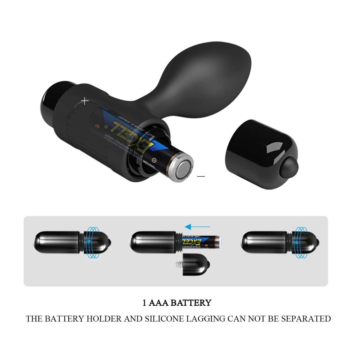 Plug anale nero smontato con vano batteria AAA e istruzioni apertura