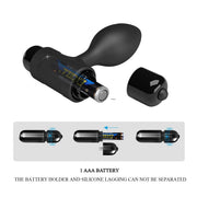Plug anale nero smontato con vano batteria AAA e istruzioni apertura