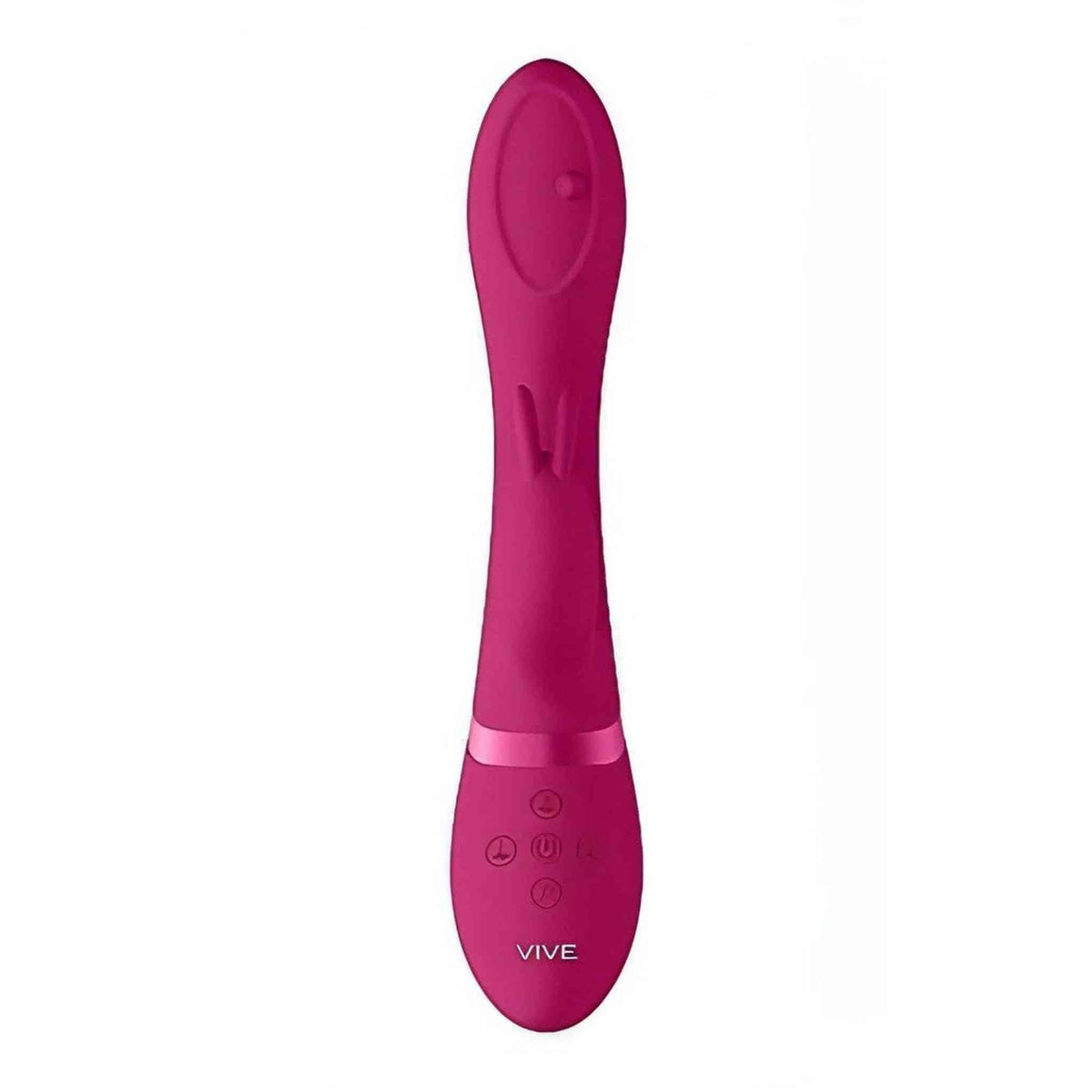 Vibratore rabbit rosa acceso Mira vista frontale con tre pulsanti e logo bianco