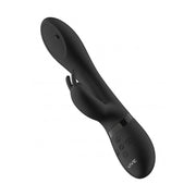 Vibratore rabbit nero Mira profilo laterale con pin rotante e pulsanti incisi