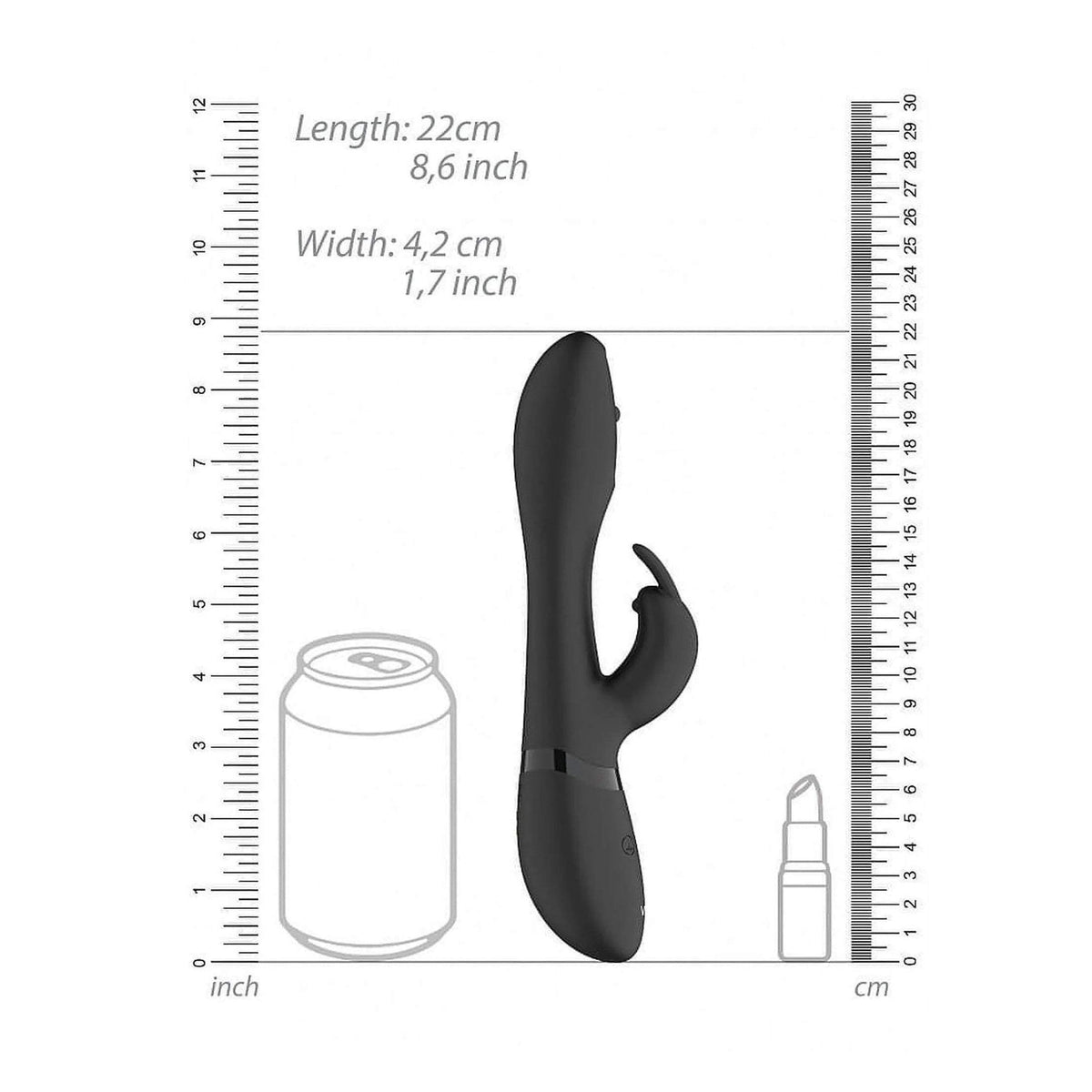 Vibratore rabbit nero con scala metrica che mostra dimensioni 22 cm
