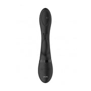 Vibratore rabbit nero con base a pulsanti e fascia lucida vista frontale
