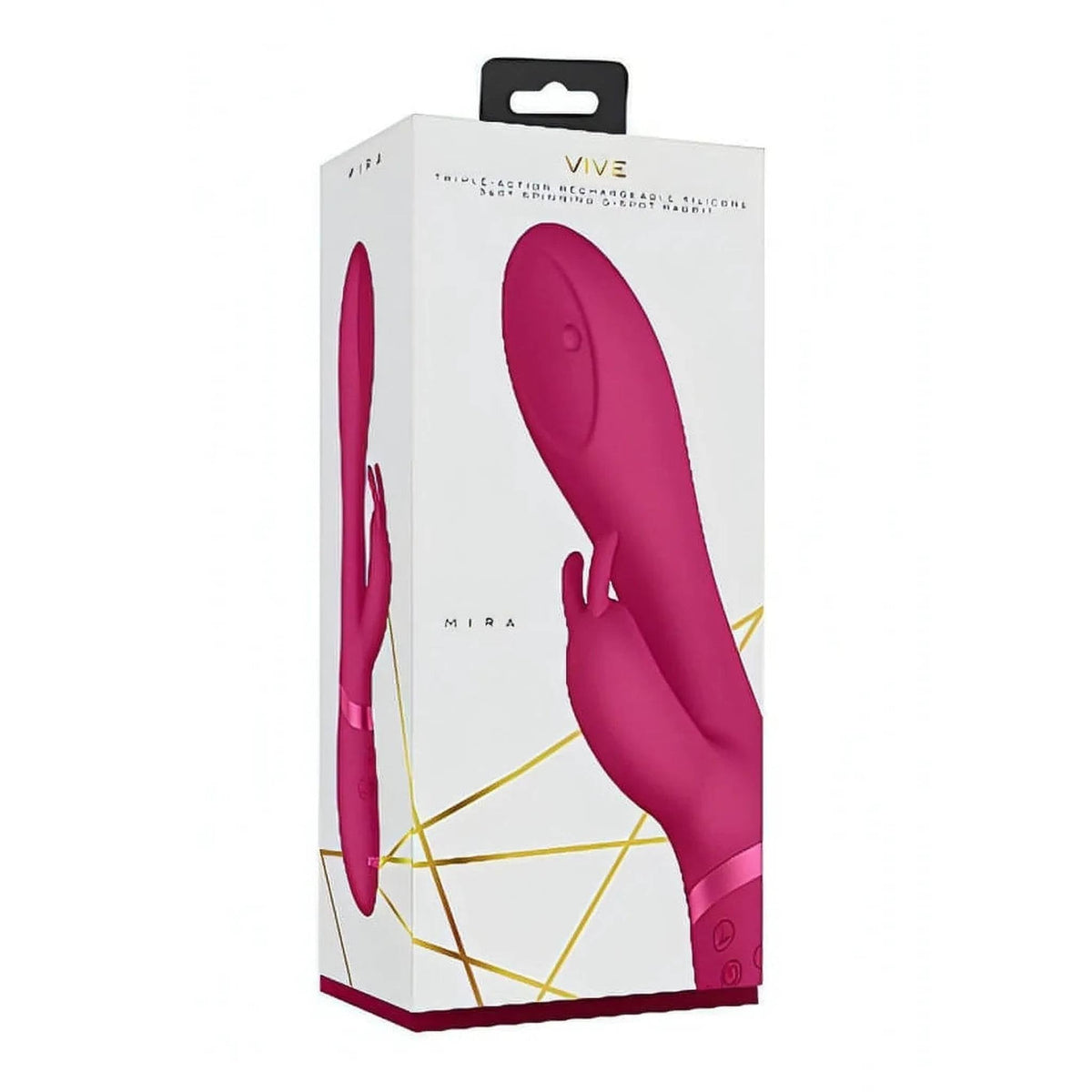 Confezione vibratore Mira Rosa con grafica dorata e testo Triple Action Silicone