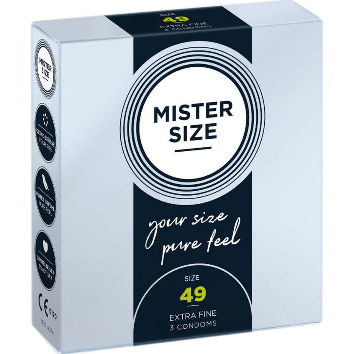 Scatola azzurra preservativi Mister Size Extra Fine 49 mm, confezione da 3