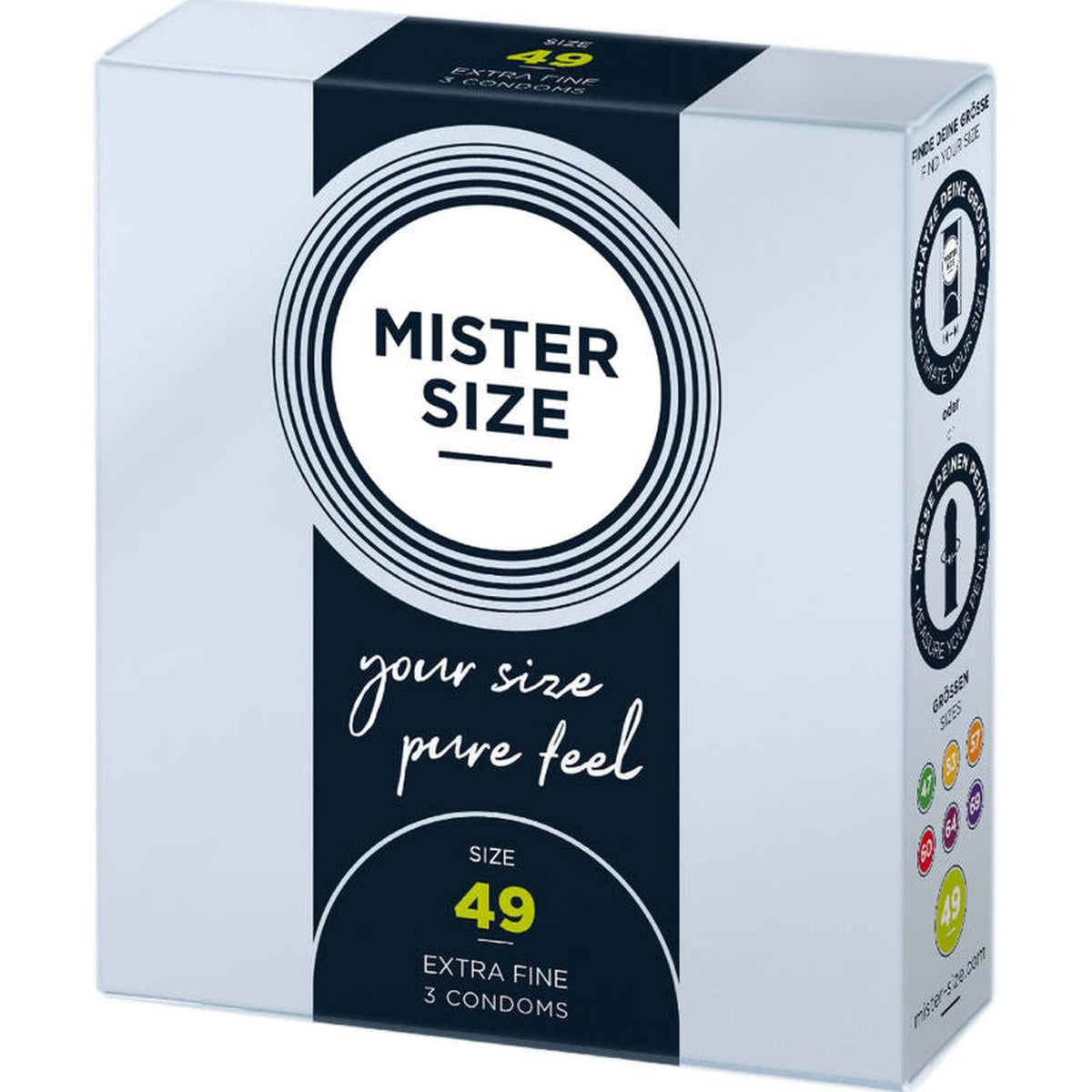 Confezione preservativi Mister Size Extra Fine 49 mm, guida alle taglie sul lato