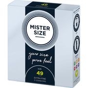 Confezione preservativi Mister Size Extra Fine 49 mm, guida alle taglie sul lato