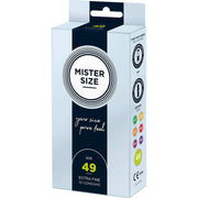 Confezione preservativi Mister Size Extra Fine 49 mm, guida alle taglie e foro appeso