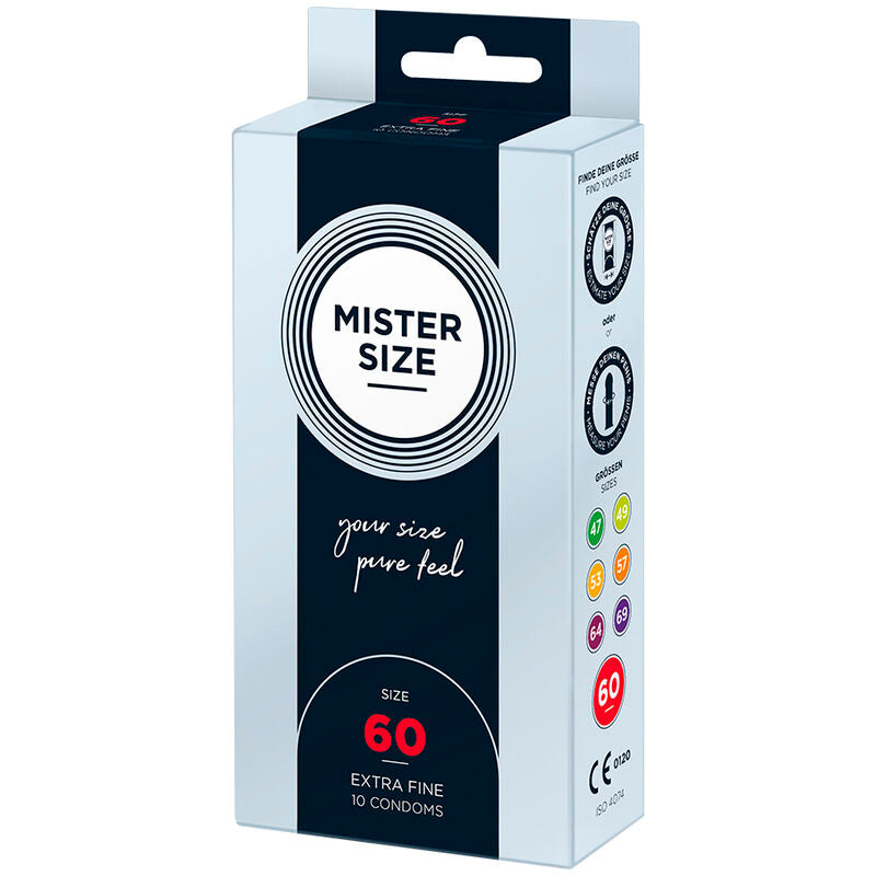 Scatola Mister Size 60 mm Extra Fine, 10 pezzi, evidenziata misura con cerchi colorati