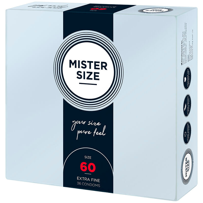 Fronte pacco Mister Size 60 mm Extra Fine, 36 profilattici, design blu e grigio