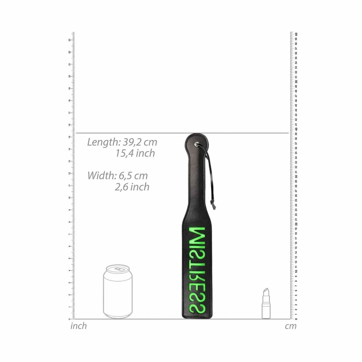 Dimensioni paddle BDSM nero 39,2 cm con scala metrica e oggetti di riferimento