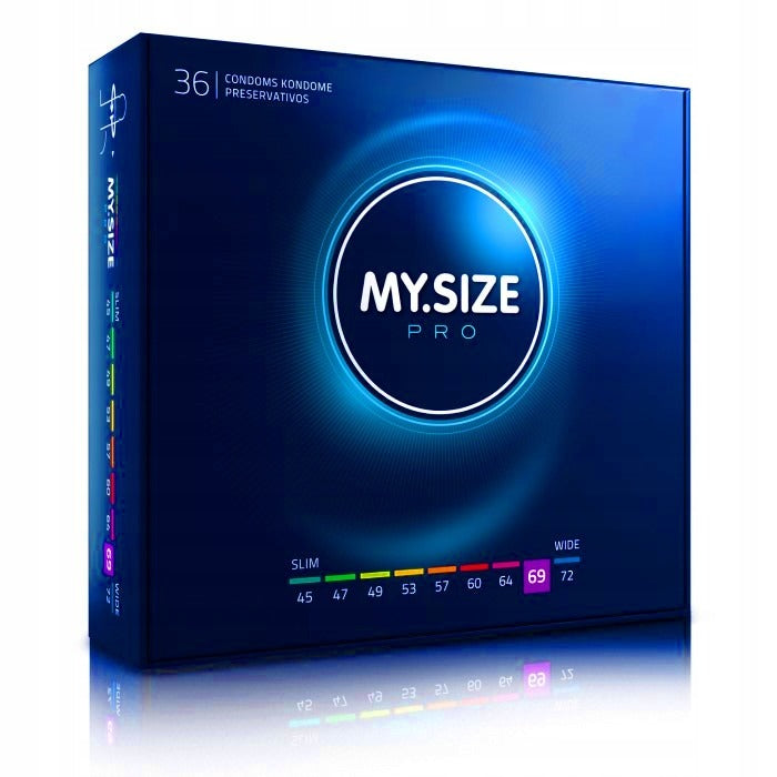 Confezione My Size Pro profilattici XXL 36 pezzi misura 69 mm su sfondo blu scuro