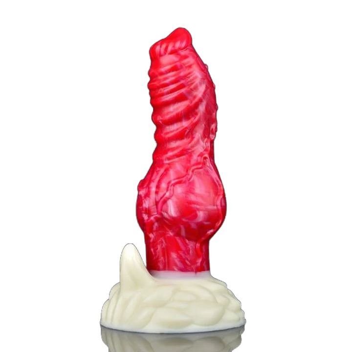 Dildo silicone rosso venature base bianca crema texture drago