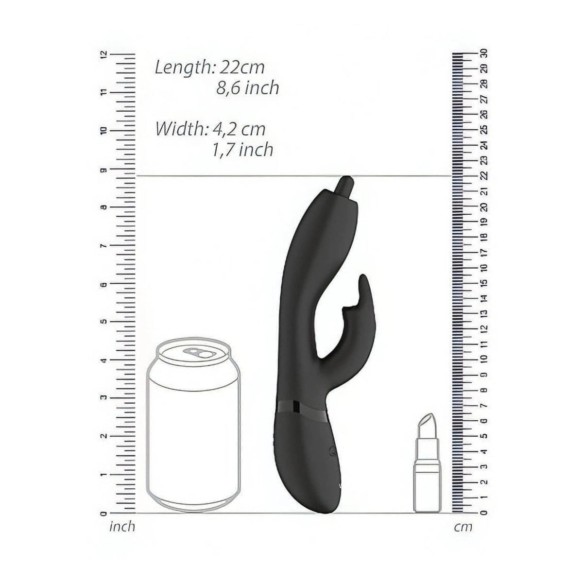 Schema dimensioni vibratore rabbit nero 22 cm con riferimento oggetti