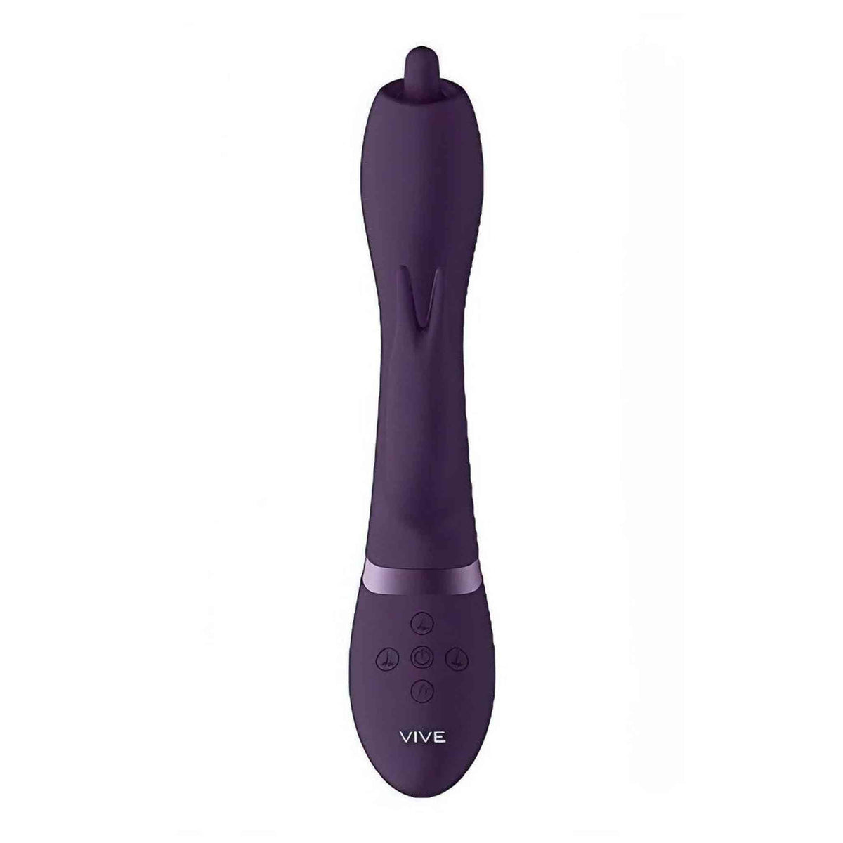 Vibratore rabbit viola scuro frontale con fascia metallica e controlli FX
