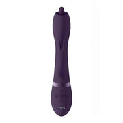 Vibratore rabbit viola scuro frontale con fascia metallica e controlli FX
