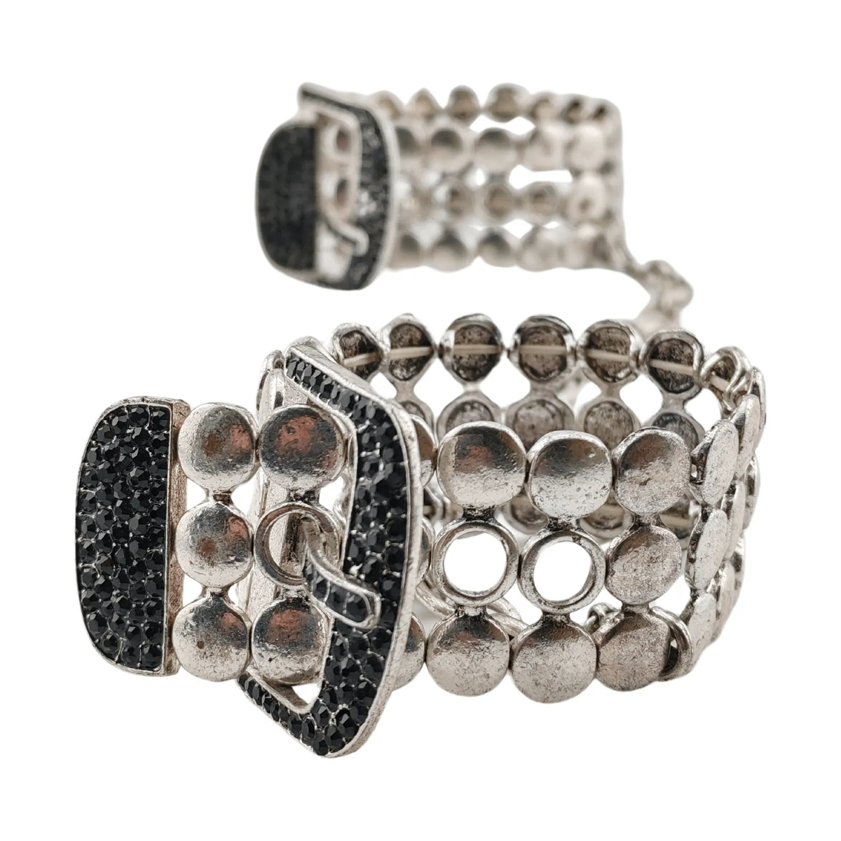 Dettaglio fibbia manette bondage Noir Argent Elegant Os con cristalli neri su metallo opaco