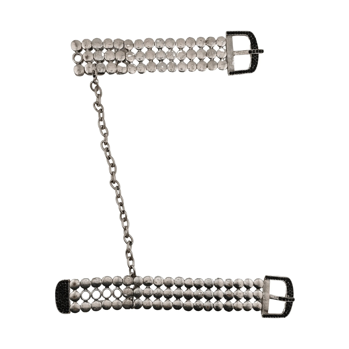 Manette da polso Noir Argent Elegant Os in metallo argento con cristalli neri e catena