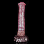Dildo rosa Srepnia con base a fiore e righe orizzontali, finitura lucida