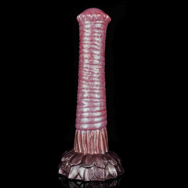 Dildo rosa Srepnia con base a fiore e righe orizzontali, finitura lucida