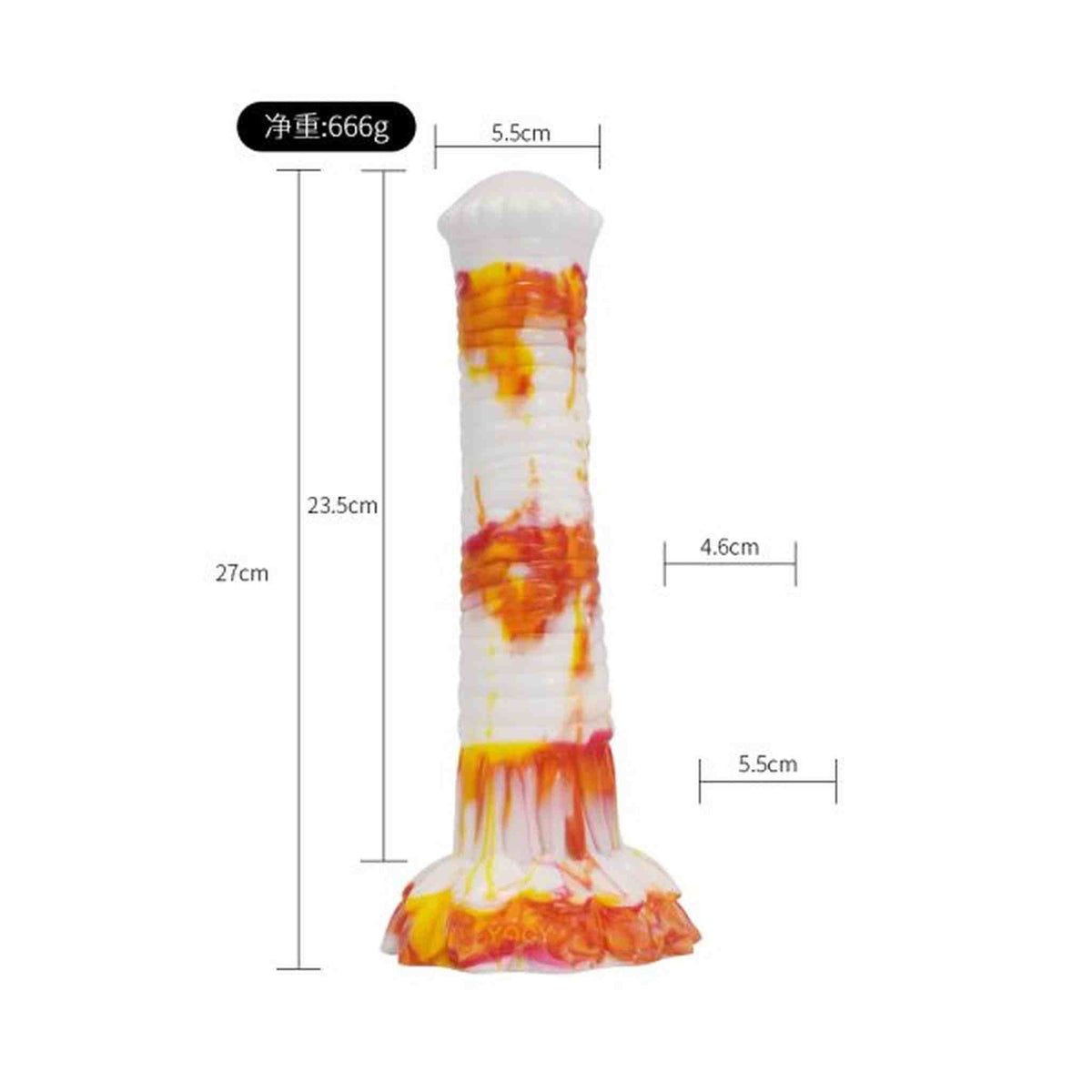 Dildo bianco Srepnia con spruzzi colorati, misure grafiche e base floreale