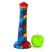 Dildo multistrato Srepnia blu-rosso-giallo traslucido, confronto dimensioni con mela