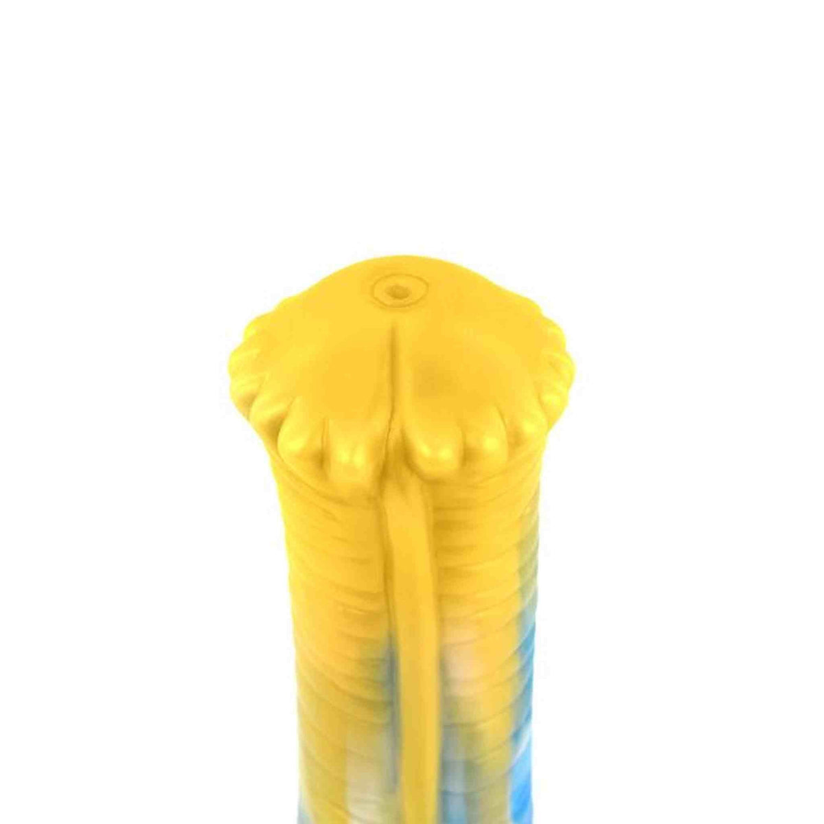 Vista superiore dildo giallo Srepnia con sfumature blu, testa arrotondata e foro centrale
