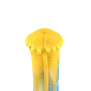 Vista superiore dildo giallo Srepnia con sfumature blu, testa arrotondata e foro centrale