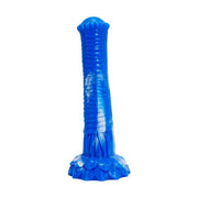 Dildo blu intenso Srepnia con inserti marbled bianchi e base a petali distinti