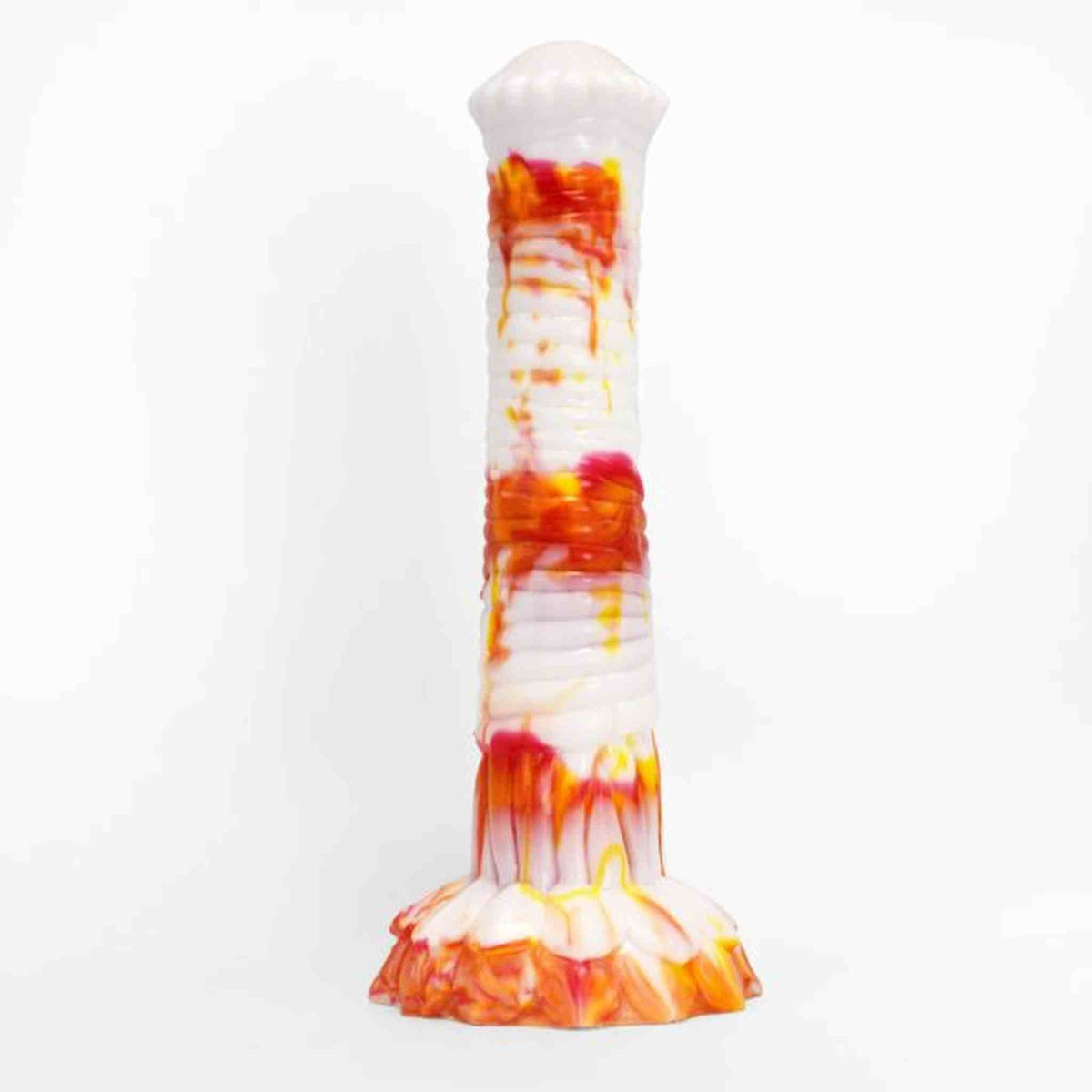 Dildo bianco Srepnia con spruzzi rosso-arancio, superficie lucida e base a fiore