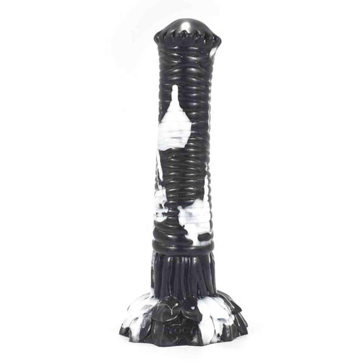 Dildo nero Srepnia con macchie marbled bianche, superficie lucida e base floreale