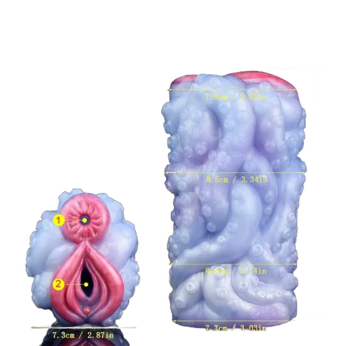 Misure e dettagli vista frontale laterale masturbatore Octopus Orana tentacoli ventose SeaJade