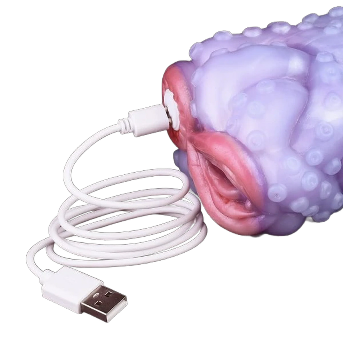 Otturatore masturbatore Octopus Orana con cavo USB collegato all'apertura rosa per vibrazione