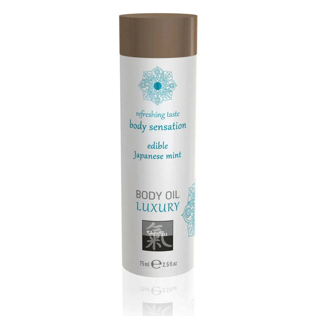 Olio da massaggio commestibile alla menta giapponese Shiatsu 75ml bottiglia bianca con etichetta floreale blu