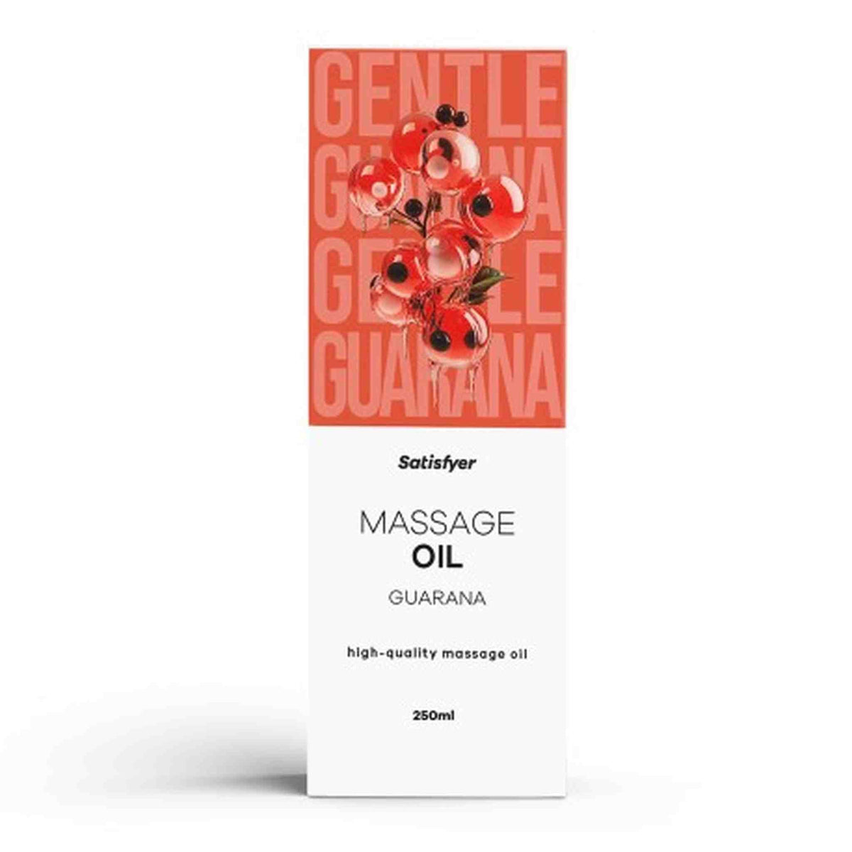 Olio da massaggio Satisfyer Guaranà 250ml confezione rettangolare arancione e bianca