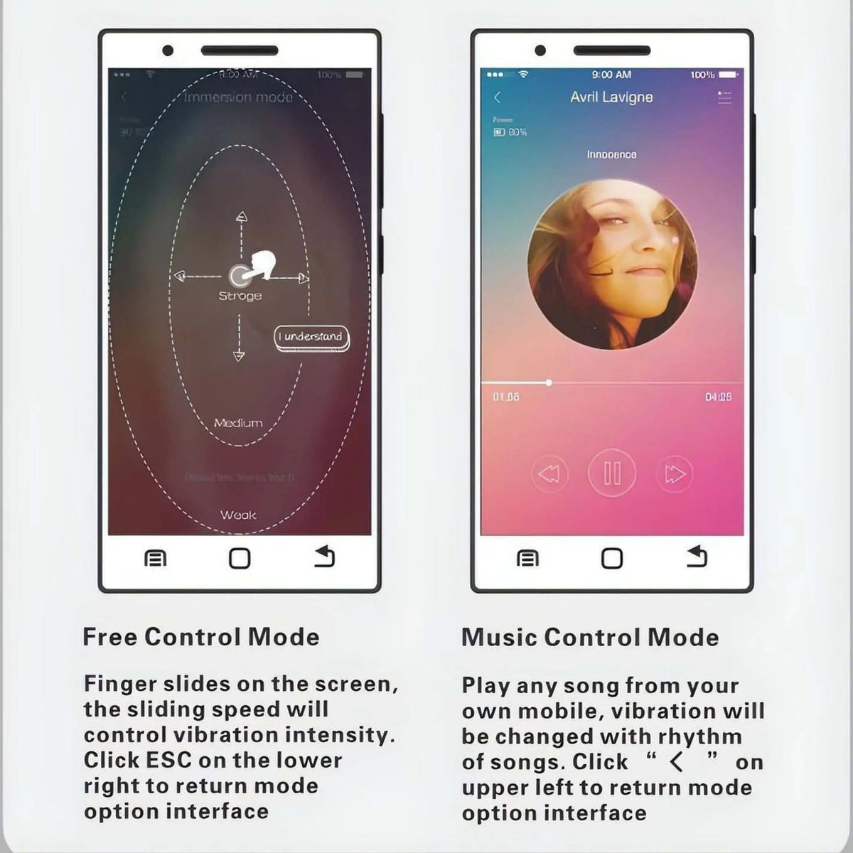 Interfaccia app mobile modalità Free Control e Music Control per vibrazione