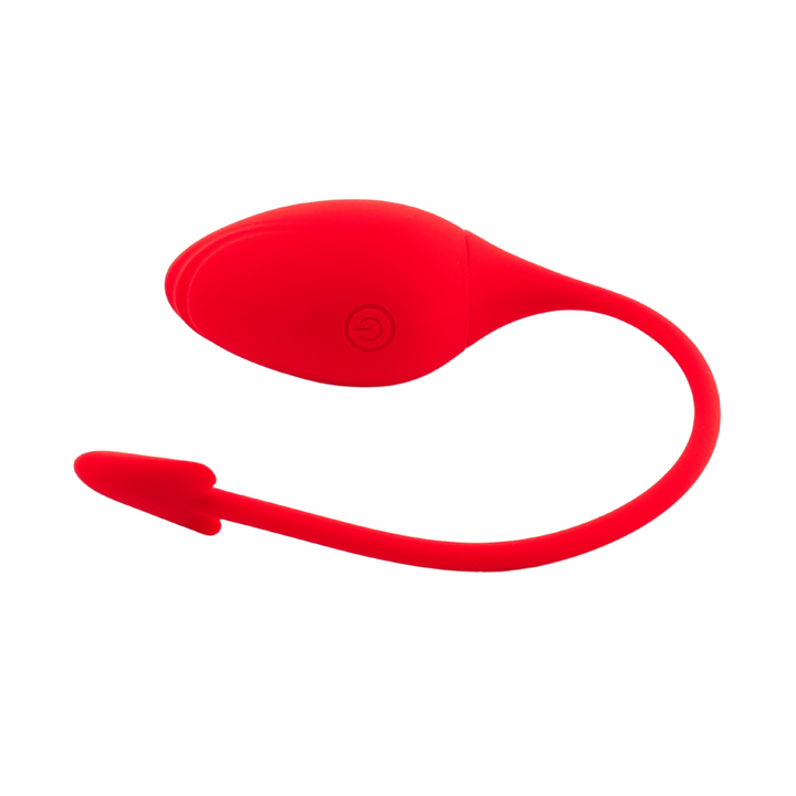 Ovetto vibrante rosso in silicone opaco con simbolo accensione e coda curva