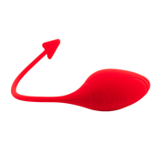 Ovetto vibrante rosso in silicone con coda a freccia e simboli di sicurezza